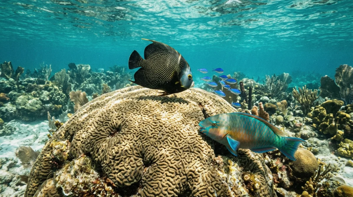 A French angelfish and parrotfish over brain coral on a shallow reef on a Cozumel VIP glass-bottom boat snorkeling tour