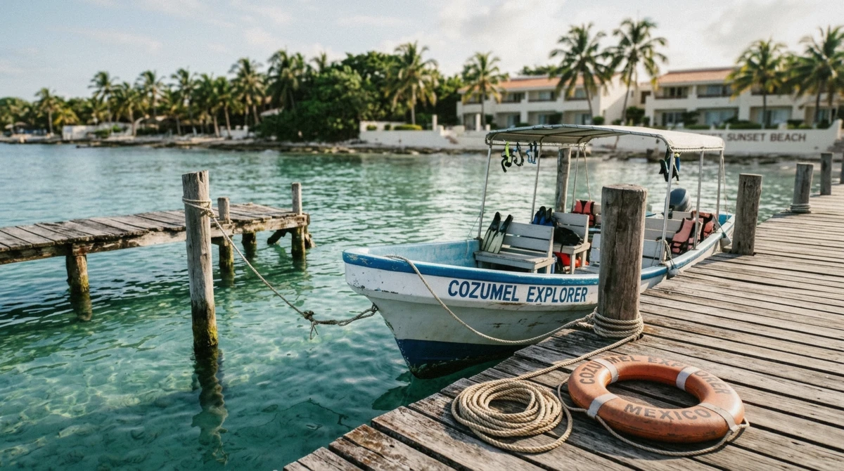 A Cozumel snorkeling tour boat moored at the pier, where travelers pay the marine park fee and crew tips in cash before departure