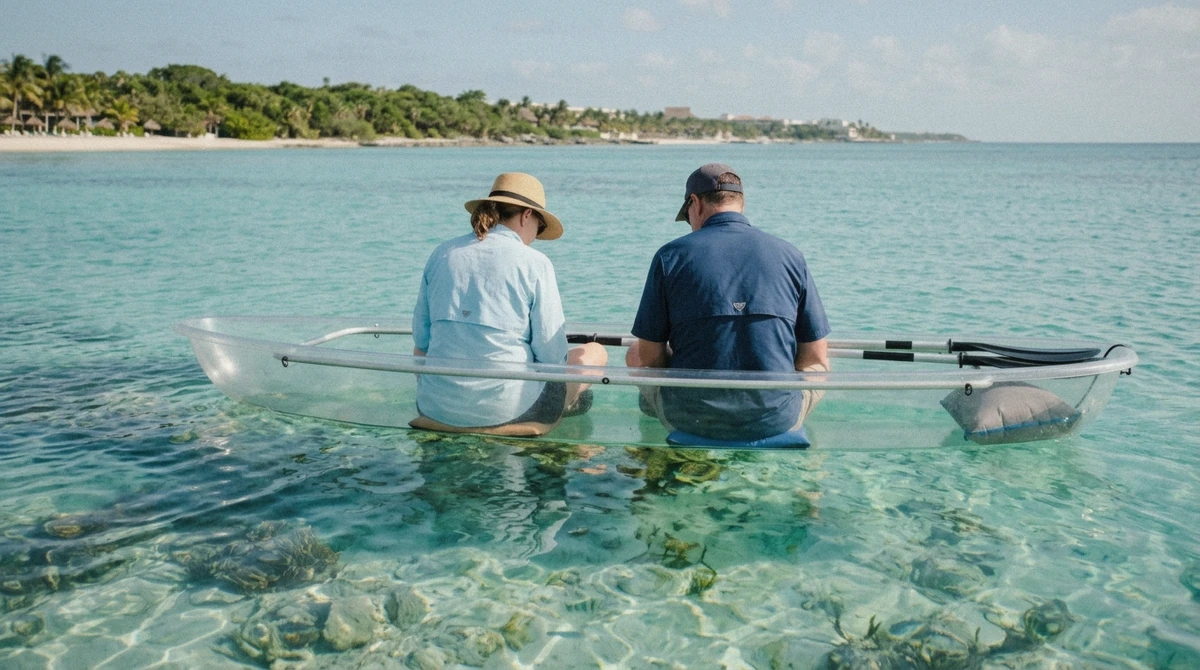 A transparent-hulled boat on calm turquoise water over the reef on a Cozumel transparent boat snorkeling tour