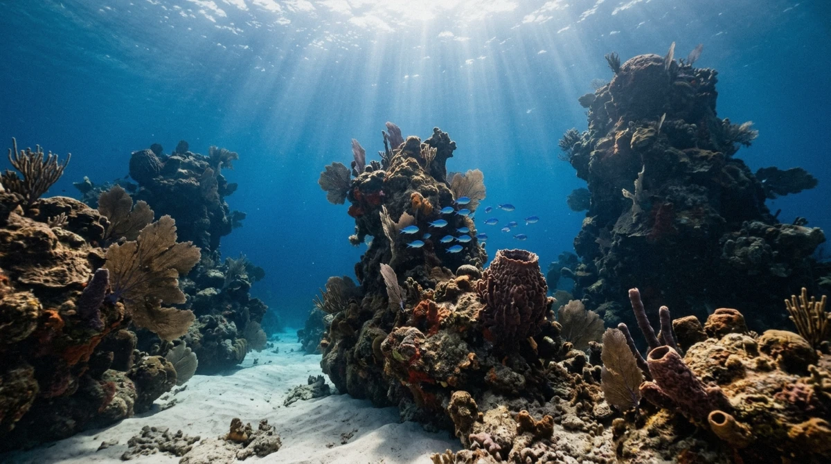 Tall coral pinnacles of the deeper Columbia reef rising into blue water on a Palancar, Columbia and El Cielo reefs snorkeling tour in Cozumel