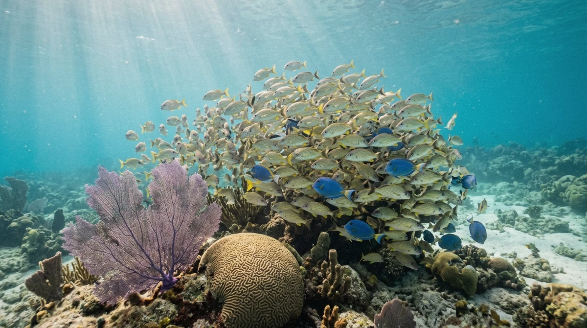 A school of reef fish over shallow coral near a Cozumel shore snorkeling entry point on the island's leeward coast
