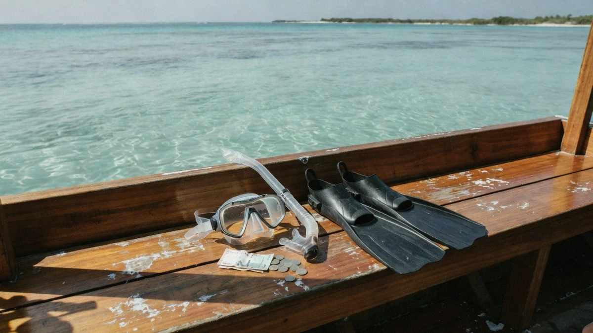 Snorkel gear and Mexican pesos laid out on a boat bench with the Cozumel shoreline behind, illustrating the real cost of Cozumel snorkeling