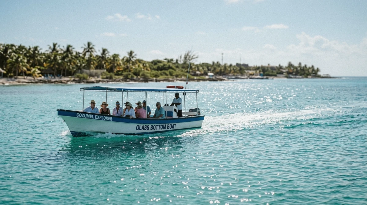 A glass-bottom tour boat on calm turquoise water off Cozumel on a VIP glass-bottom boat 3-reef snorkeling tour