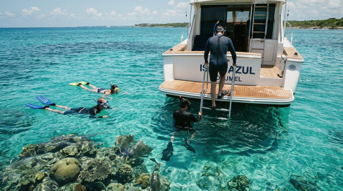 A small group of snorkelers at the surface beside a private boat over a Cozumel reef on a private premium-boat snorkeling tour