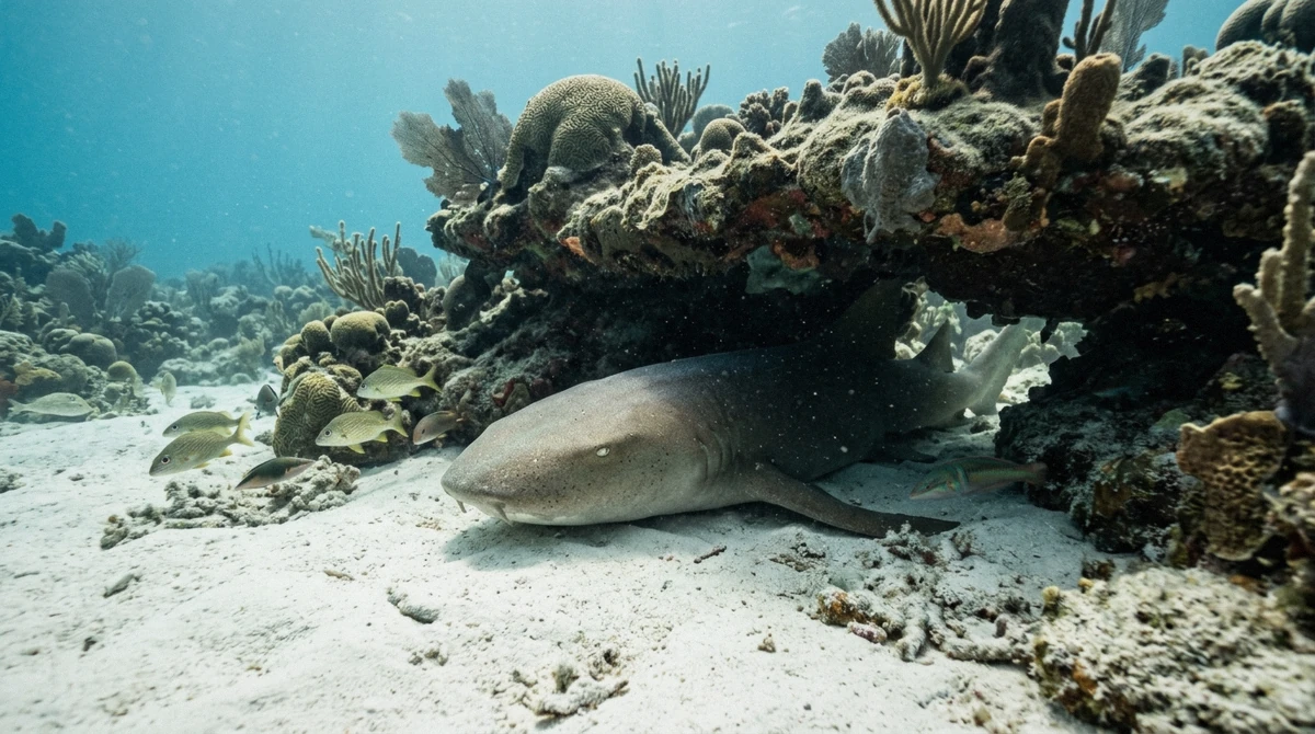 A nurse shark resting under a coral ledge on Columbia reef on a Palancar and Columbia reefs snorkeling tour in Cozumel