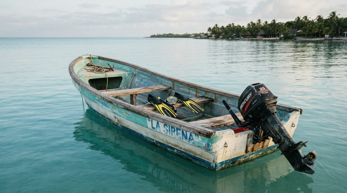 A traditional Mexican panga boat on calm turquoise water for a budget Cozumel El Cielo snorkeling tour with ceviche