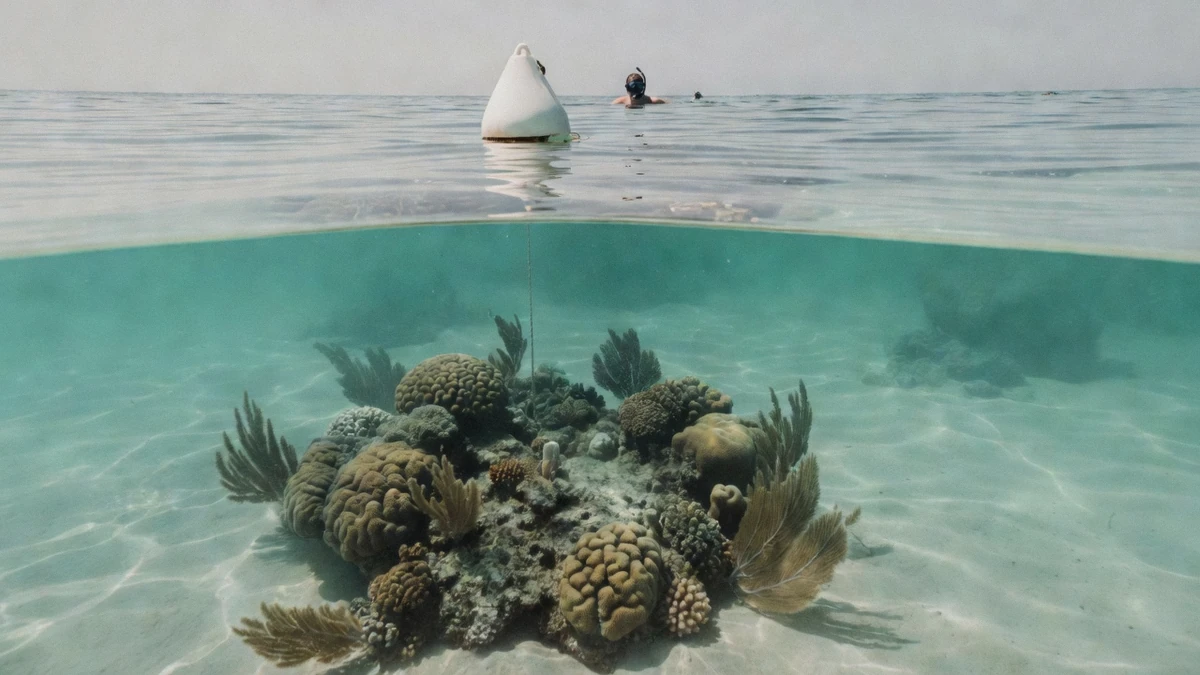 A mooring buoy holding a Cozumel snorkeling boat above a shallow coral patch inside the marine park, with a snorkeler kept well back from the reef