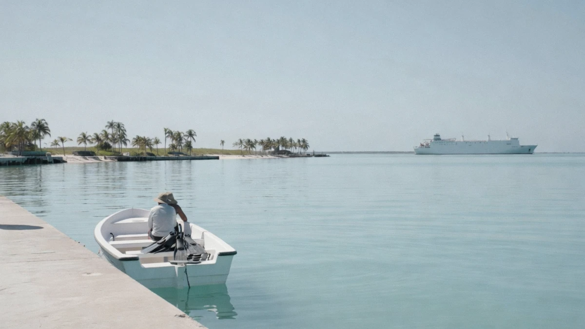 A small snorkel boat leaving the San Miguel de Cozumel waterfront in early morning light with a cruise ship visible far offshore on a Cozumel snorkeling cruise day