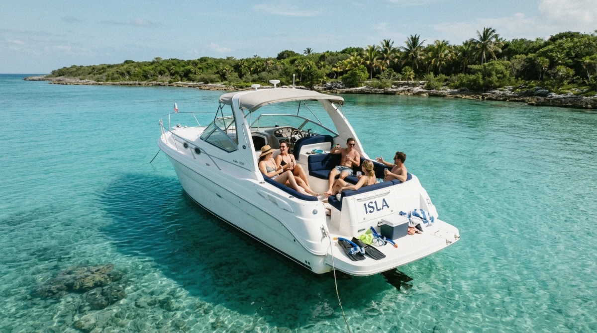 A private white motor boat anchored in a calm turquoise cove on a private premium-boat Cozumel snorkeling tour