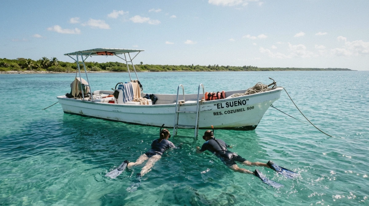 A snorkel boat moored on calm turquoise water with snorkelers in the water on a Cozumel 3-reef snorkeling tour