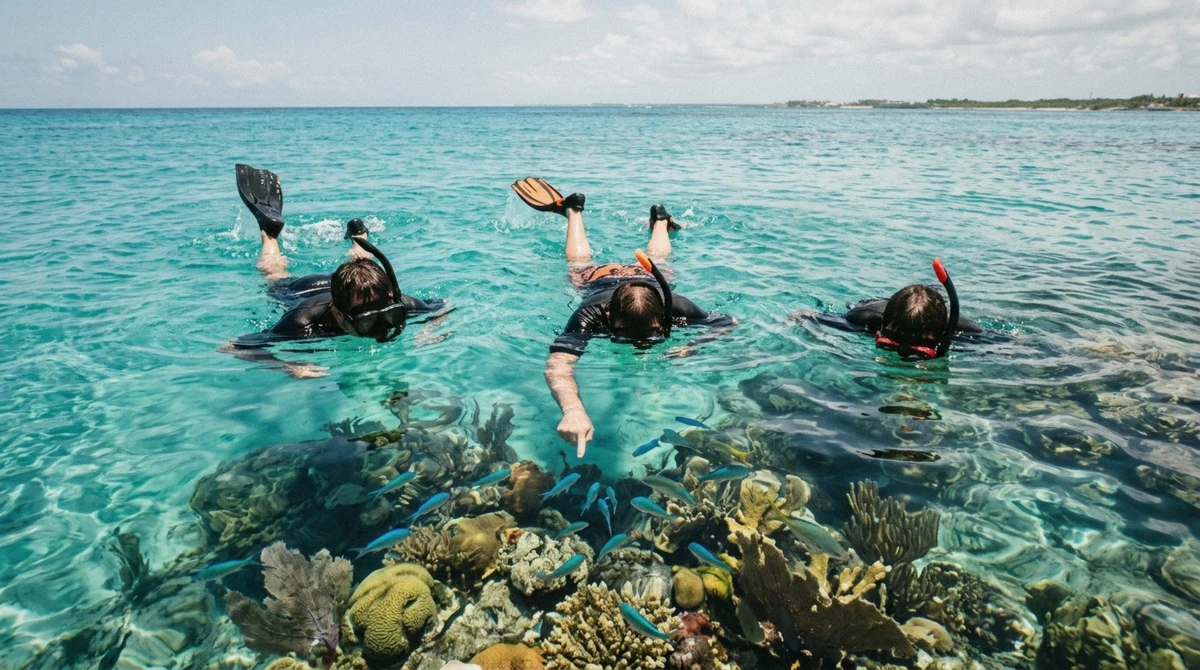 Snorkelers floating at the surface over a shallow reef on a Cozumel 4-reef snorkel tour with hotel dock pickup