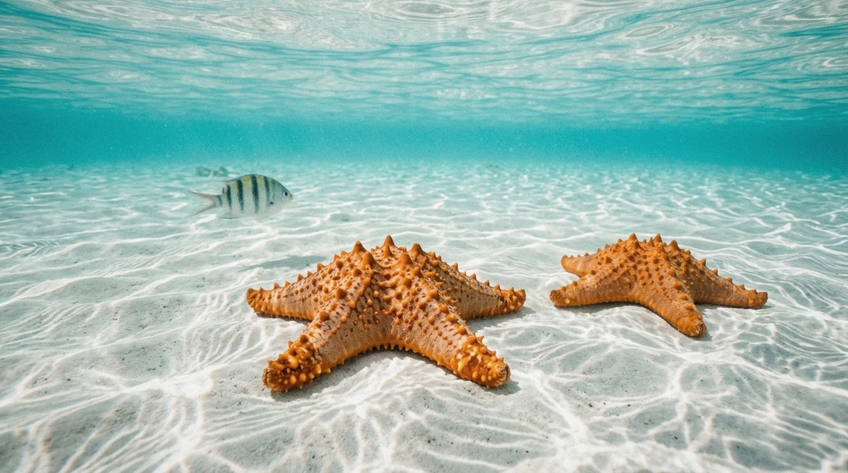 Orange cushion starfish resting on white sand in shallow turquoise water on a Cozumel starfish, stingray and Turtle Bay snorkeling tour