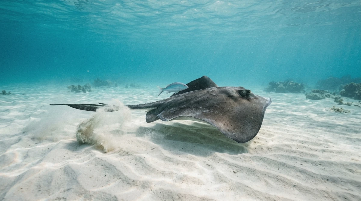 A southern stingray gliding over the sandy seabed in shallow clear water on a Cozumel starfish and stingray snorkeling tour