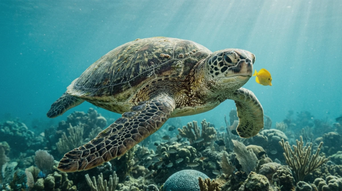 A close portrait of a green sea turtle over a coral reef on the Cozumel turtle sanctuary snorkel tour