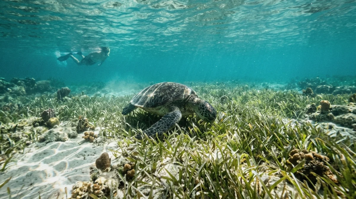 A green sea turtle grazing on seagrass in clear shallow water on the Cozumel turtle sanctuary snorkel tour