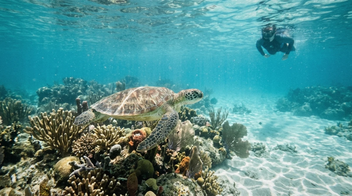 A green sea turtle gliding over the reef beside a snorkeler in clear turquoise water on a Cozumel snorkeling tour