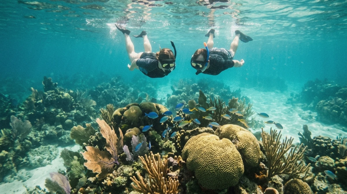 Snorkelers floating over a vivid coral garden full of tropical fish at Palancar reef on a Cozumel snorkeling tour